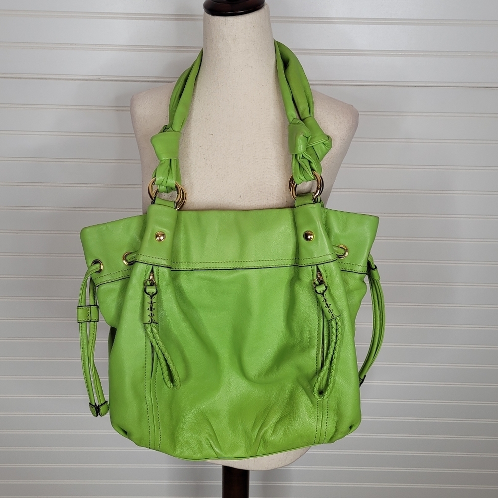 B. Makowski Green Leather Shoulder Tote Handbag Purse Bag